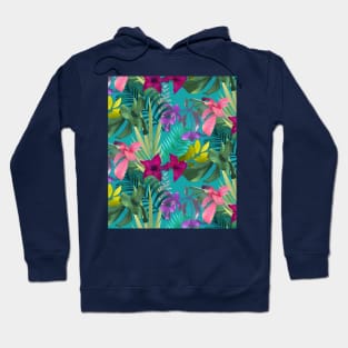 Elegant tropical flowers and leaves pattern purple illustration, blue tropical pattern over a Hoodie